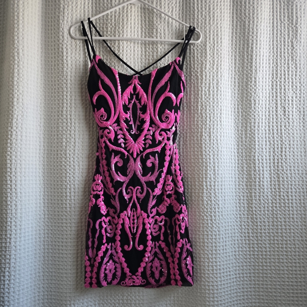 B Darlin Vibrant Pink and Black Mini Dress